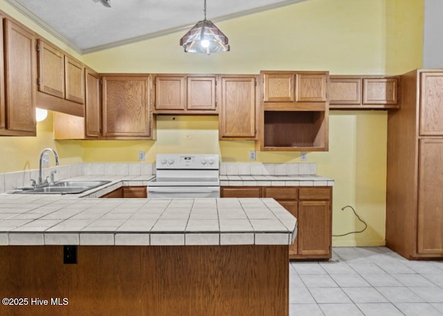 5200 Pineview Rd, Lumberton, NC 28360 - kitchen featuring electric range, a sink, tile countertops, a peninsula, and hanging light fixtures