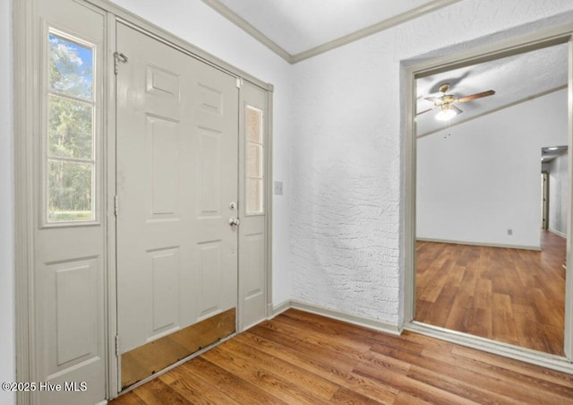 5200 Pineview Rd, Lumberton, NC 28360 - entryway with baseboards, ornamental molding, wood finished floors, and ceiling fan