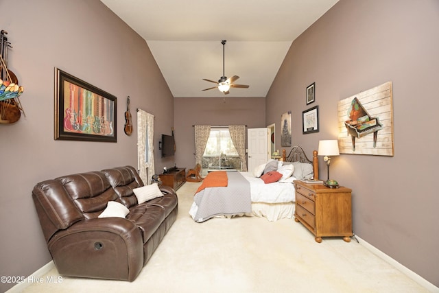 bedroom with lofted ceiling, carpet, a ceiling fan, and baseboards