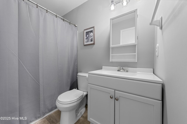 bathroom with toilet, vanity, and wood finished floors