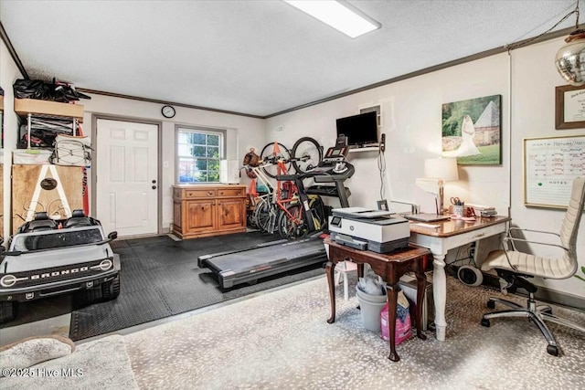 office space with crown molding and a textured ceiling