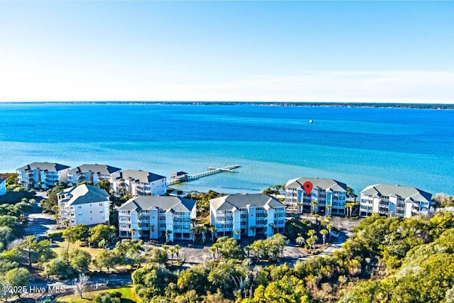 birds eye view of property with a residential view and a water view