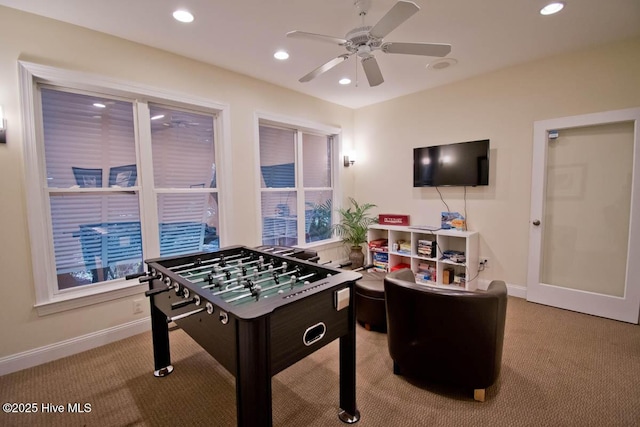 recreation room featuring baseboards, carpet floors, a ceiling fan, and recessed lighting