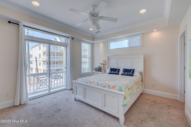 bedroom featuring light carpet, baseboards, visible vents, and access to exterior