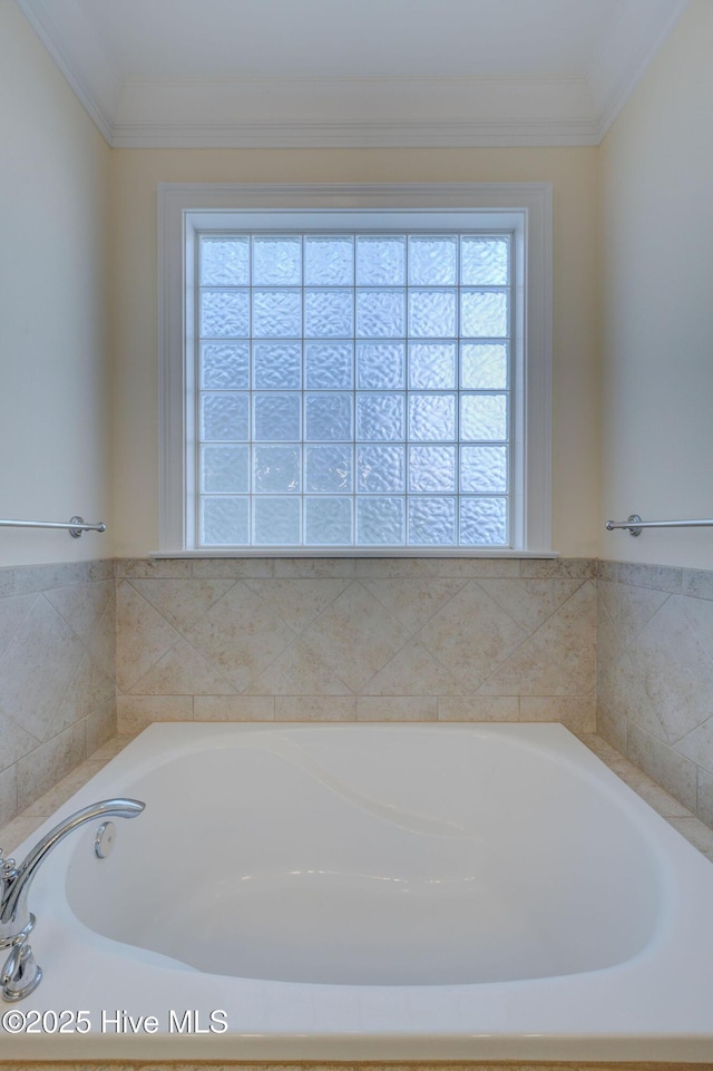 full bathroom featuring ornamental molding and a garden tub