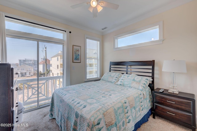 bedroom with visible vents, ceiling fan, ornamental molding, access to exterior, and carpet floors