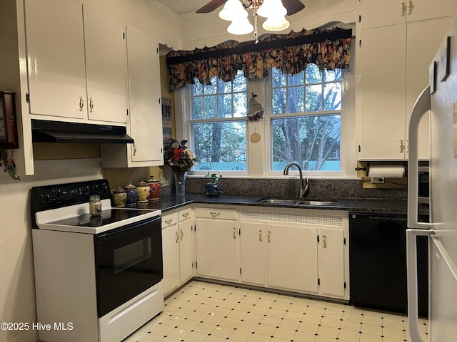 kitchen with under cabinet range hood, electric range, a sink, black dishwasher, and light floors