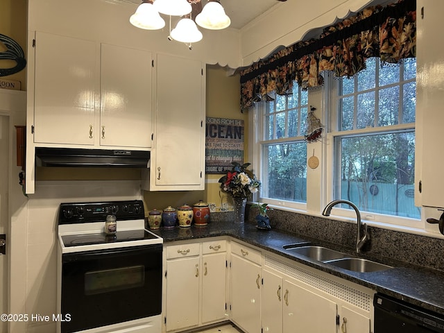 kitchen with black dishwasher, range with electric cooktop, white cabinets, under cabinet range hood, and a sink