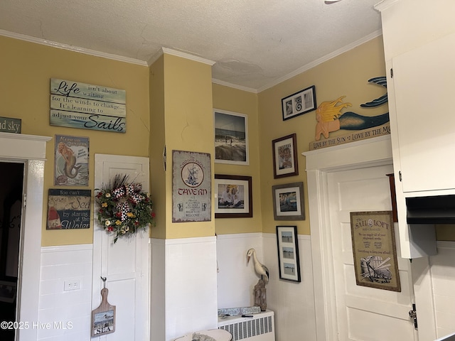 room details with a wainscoted wall, ornamental molding, and a textured ceiling