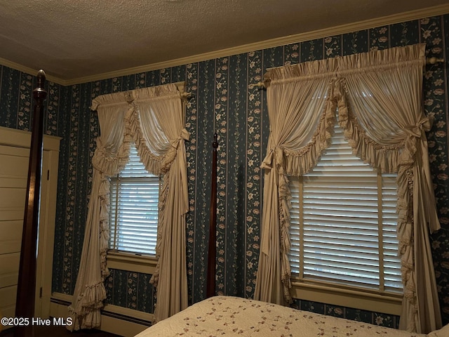 unfurnished bedroom with a textured ceiling, crown molding, and wallpapered walls