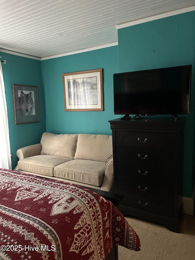 carpeted bedroom with crown molding