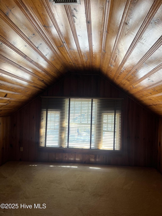 additional living space with vaulted ceiling, a wealth of natural light, carpet, and wood ceiling