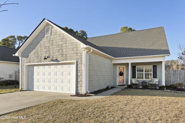 ranch-style home with driveway, a shingled roof, an attached garage, fence, and a front lawn