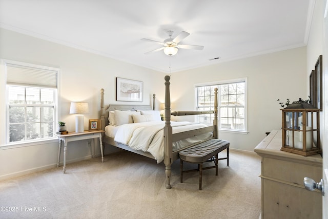 bedroom featuring ornamental molding, light colored carpet, visible vents, and baseboards