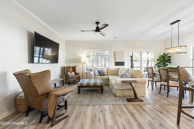 living area with ornamental molding, baseboards, light wood finished floors, and ceiling fan with notable chandelier