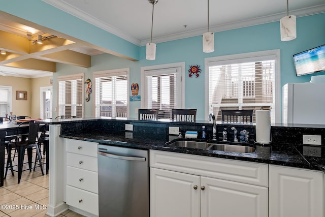 kitchen featuring dishwasher, white cabinetry, a sink, and ornamental molding