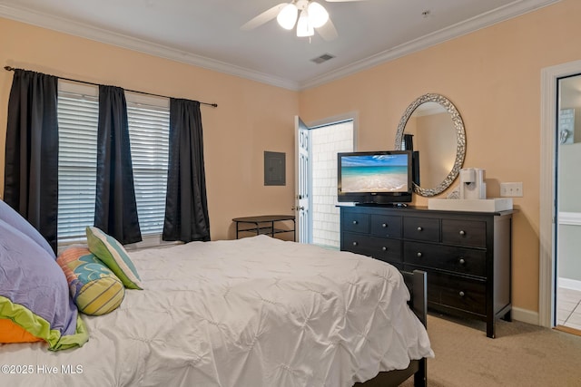 carpeted bedroom featuring electric panel, baseboards, visible vents, a ceiling fan, and crown molding