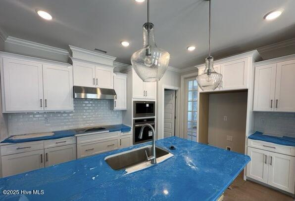 3805 Mason Port Dr Unit 95, Wilmington, NC 28409 - kitchen with under cabinet range hood, crown molding, white cabinetry, built in microwave, and a sink