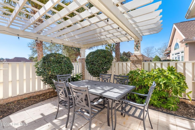 view of patio featuring outdoor dining space, a fenced backyard, and a pergola