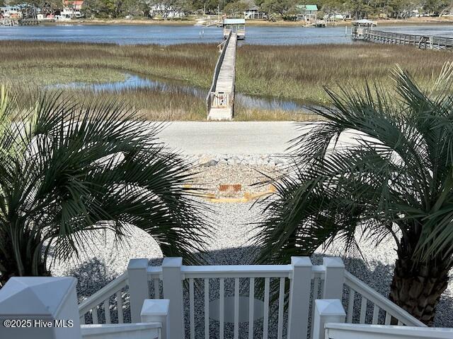 exterior space with a water view