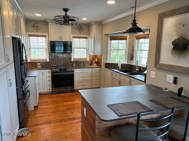 kitchen featuring plenty of natural light, a sink, black appliances, and wood finished floors