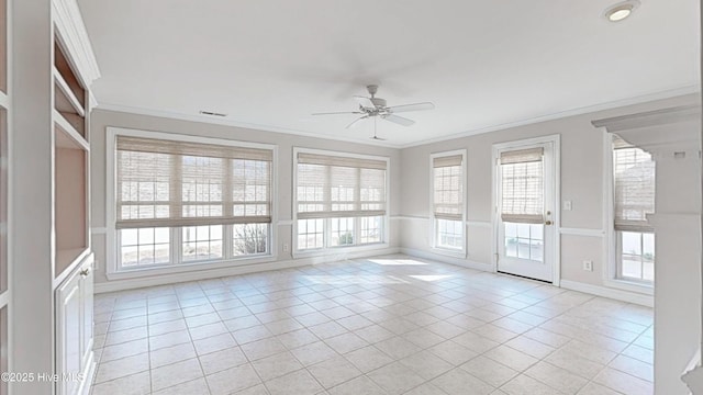 unfurnished sunroom with ceiling fan and visible vents