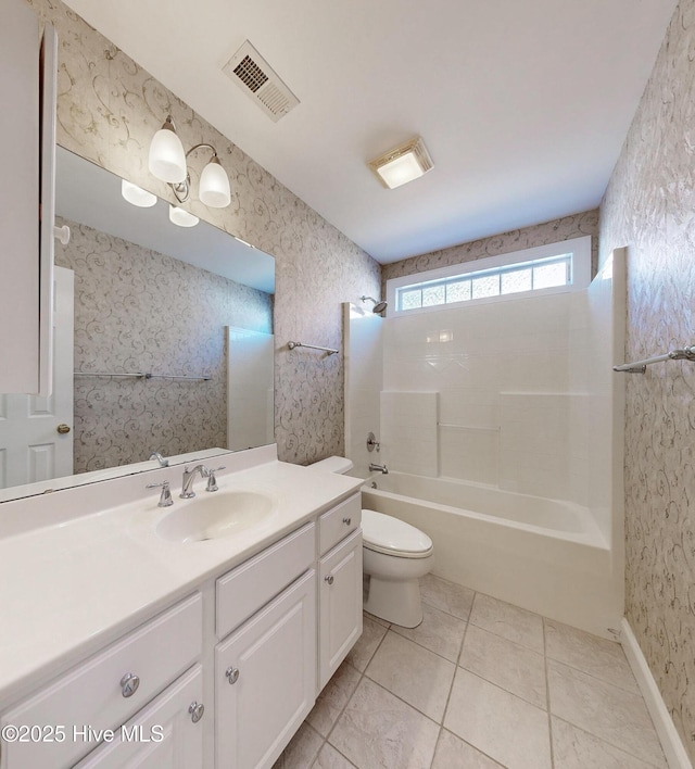 full bathroom featuring wallpapered walls, visible vents, bathing tub / shower combination, toilet, and tile patterned flooring