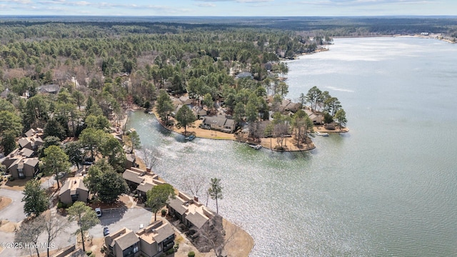 bird's eye view featuring a water view and a view of trees