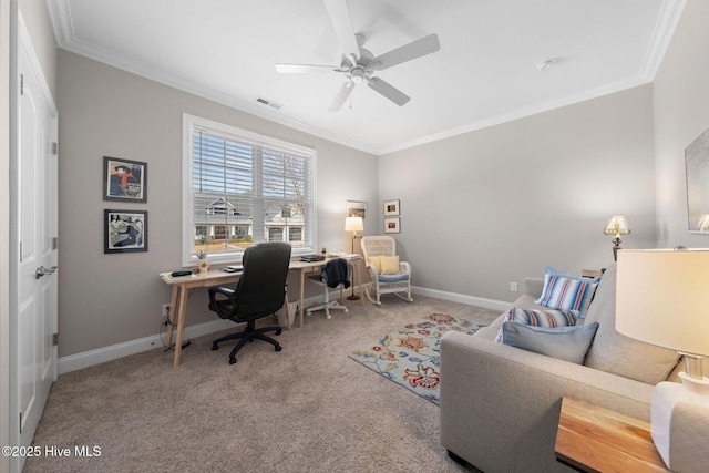 carpeted office with baseboards, visible vents, and ornamental molding