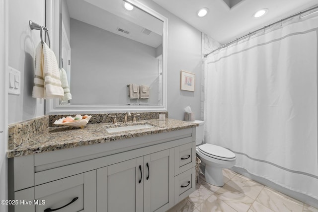 full bathroom featuring visible vents, toilet, marble finish floor, vanity, and recessed lighting