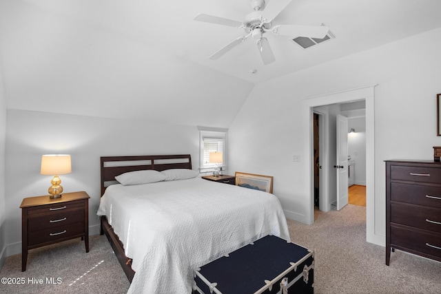 bedroom with lofted ceiling, carpet floors, visible vents, a ceiling fan, and baseboards