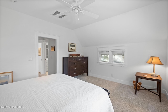 bedroom with lofted ceiling, carpet floors, a ceiling fan, and baseboards