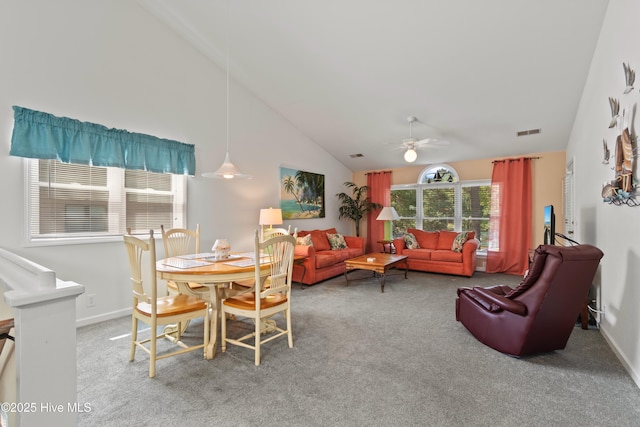 living room with a ceiling fan, carpet, visible vents, and baseboards