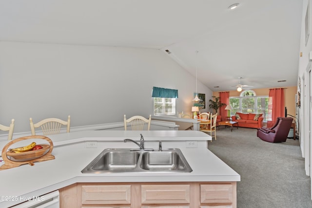 kitchen featuring dishwasher, lofted ceiling, open floor plan, carpet, and a sink