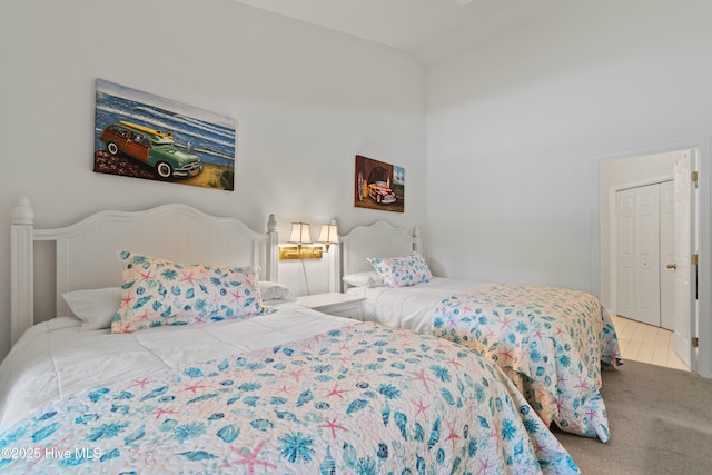 bedroom featuring carpet floors and high vaulted ceiling