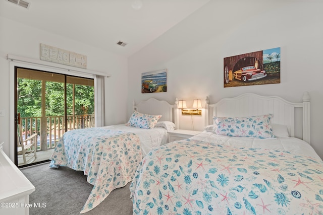 carpeted bedroom with access to exterior, visible vents, and vaulted ceiling