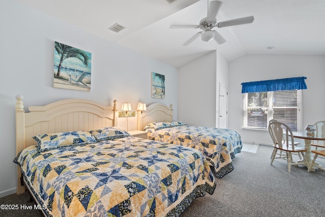 carpeted bedroom with lofted ceiling, ceiling fan, visible vents, and baseboards