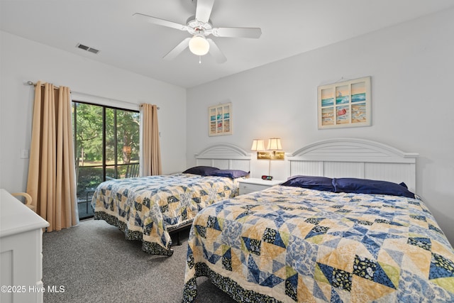 carpeted bedroom featuring access to outside, visible vents, and ceiling fan