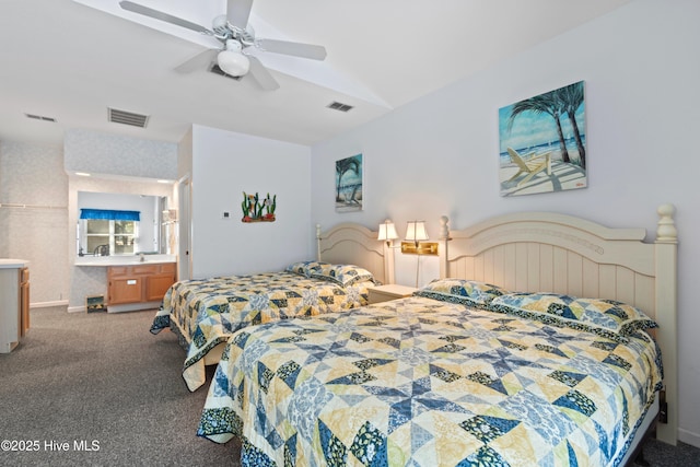 carpeted bedroom with ceiling fan, visible vents, and baseboards