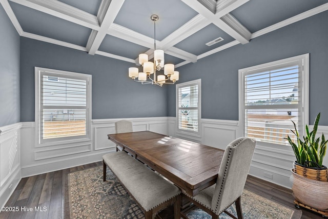 dining space featuring visible vents, beam ceiling, an inviting chandelier, and dark wood-style flooring