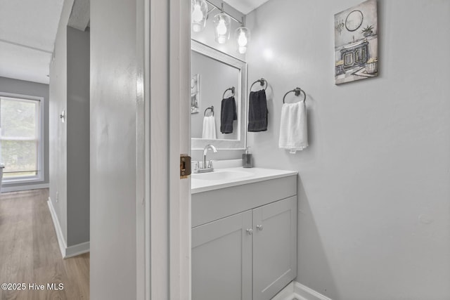 bathroom with vanity, baseboards, and wood finished floors