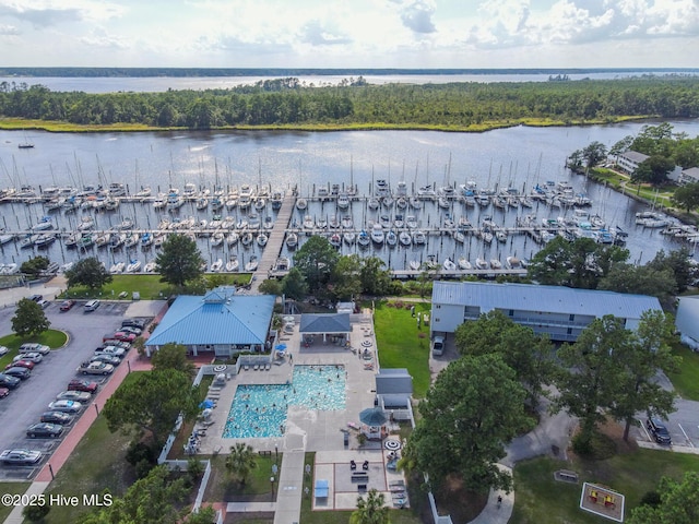 birds eye view of property featuring a water view