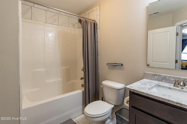 full bathroom with shower / bath combo, visible vents, vanity, and toilet