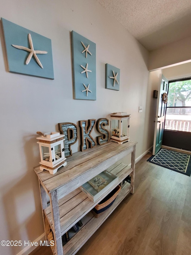 foyer entrance with a textured ceiling, wood finished floors, and baseboards