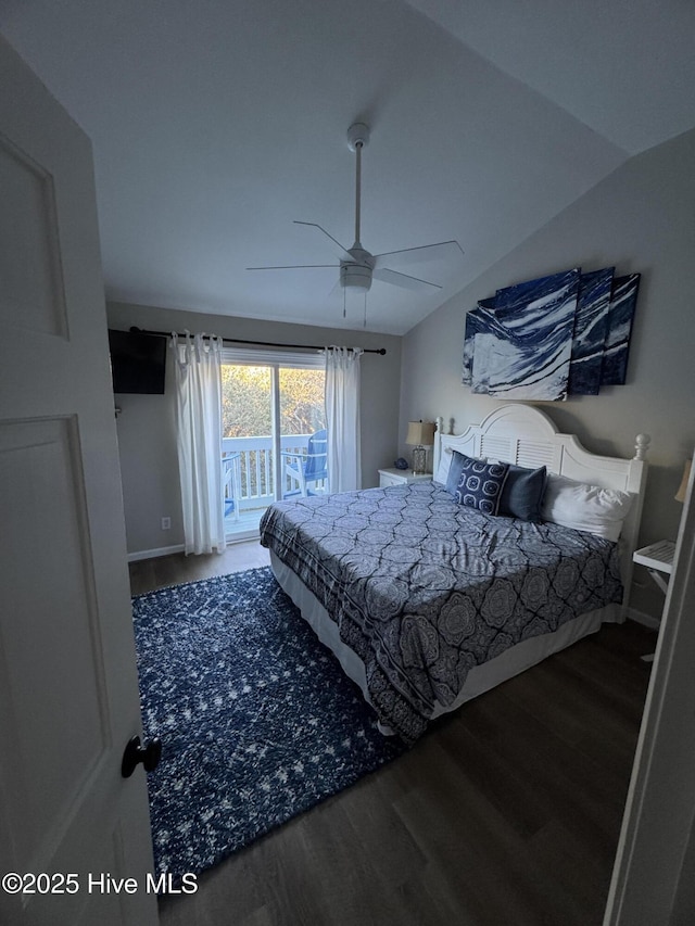 bedroom with ceiling fan, access to outside, vaulted ceiling, and wood finished floors