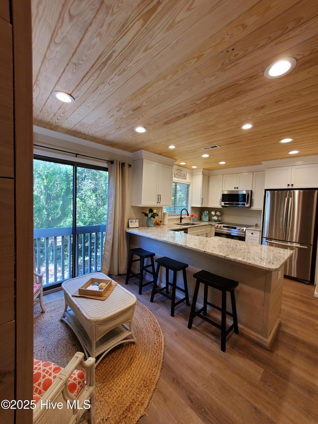 kitchen featuring appliances with stainless steel finishes, white cabinets, a sink, wood finished floors, and a peninsula