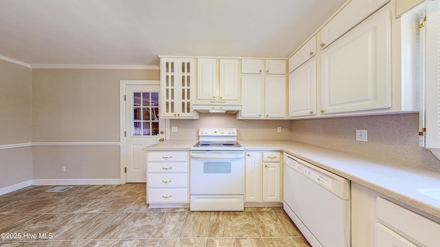 kitchen with white appliances, under cabinet range hood, ornamental molding, and light countertops