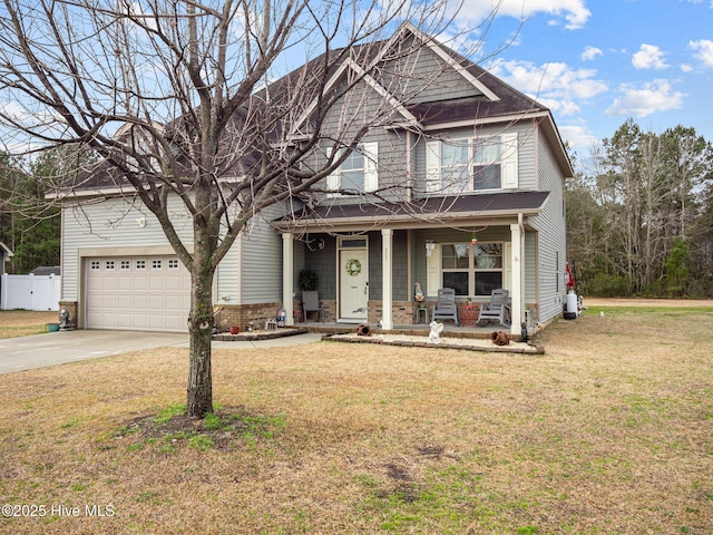 view of front of home with a front lawn, fence, a porch, concrete driveway, and an attached garage