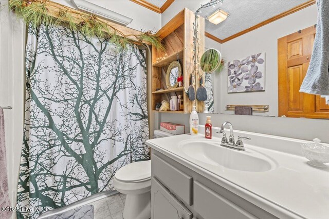 bathroom featuring vanity, ornamental molding, a textured ceiling, a shower with curtain, and toilet