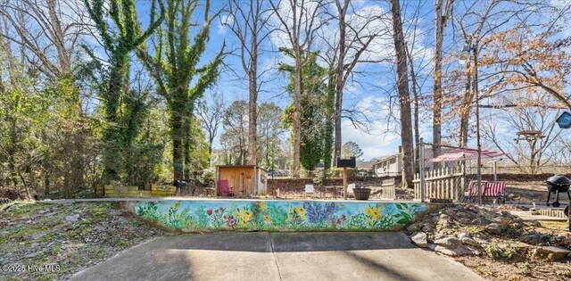view of community with a swimming pool, a patio area, a storage shed, and an outdoor structure
